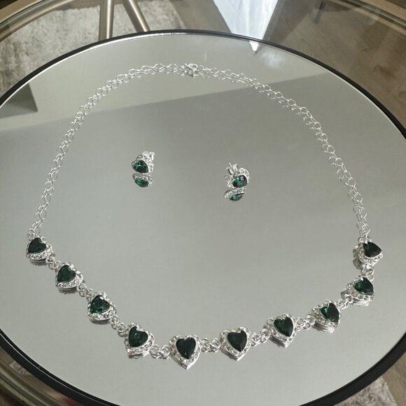 Sterling Silver 925 Choker Heart Green Zircons Stunning Set & Earrings - Picture 11 of 12